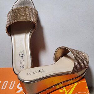 Metallic Rose Gold Bling Platform Open Toe Wedge Size 8W